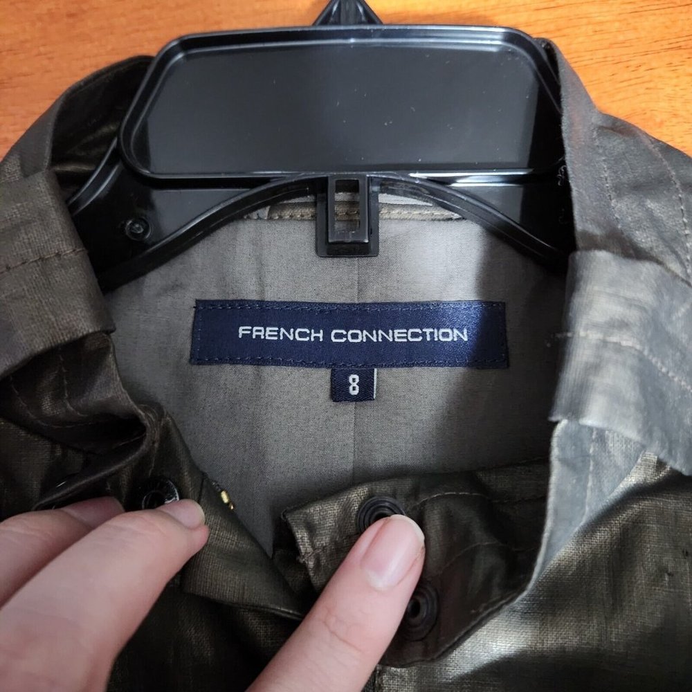French Connection Bomber Jacket Womens Olive Green Metallic Coated Linen Y2K - Picture 12 of 13